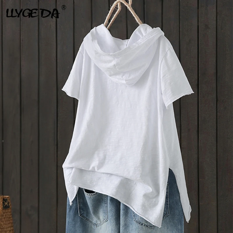 

100% Cotton Cat Print Women's T-shirts Loose Casual Hole Design Woman Tshirts 2021 Spring Pocket Half Sleeve Hoodies Top Women