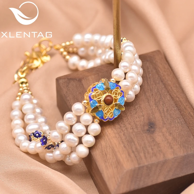 Браслет XlenAg женский из натурального пресноводного белого жемчуга три слоя