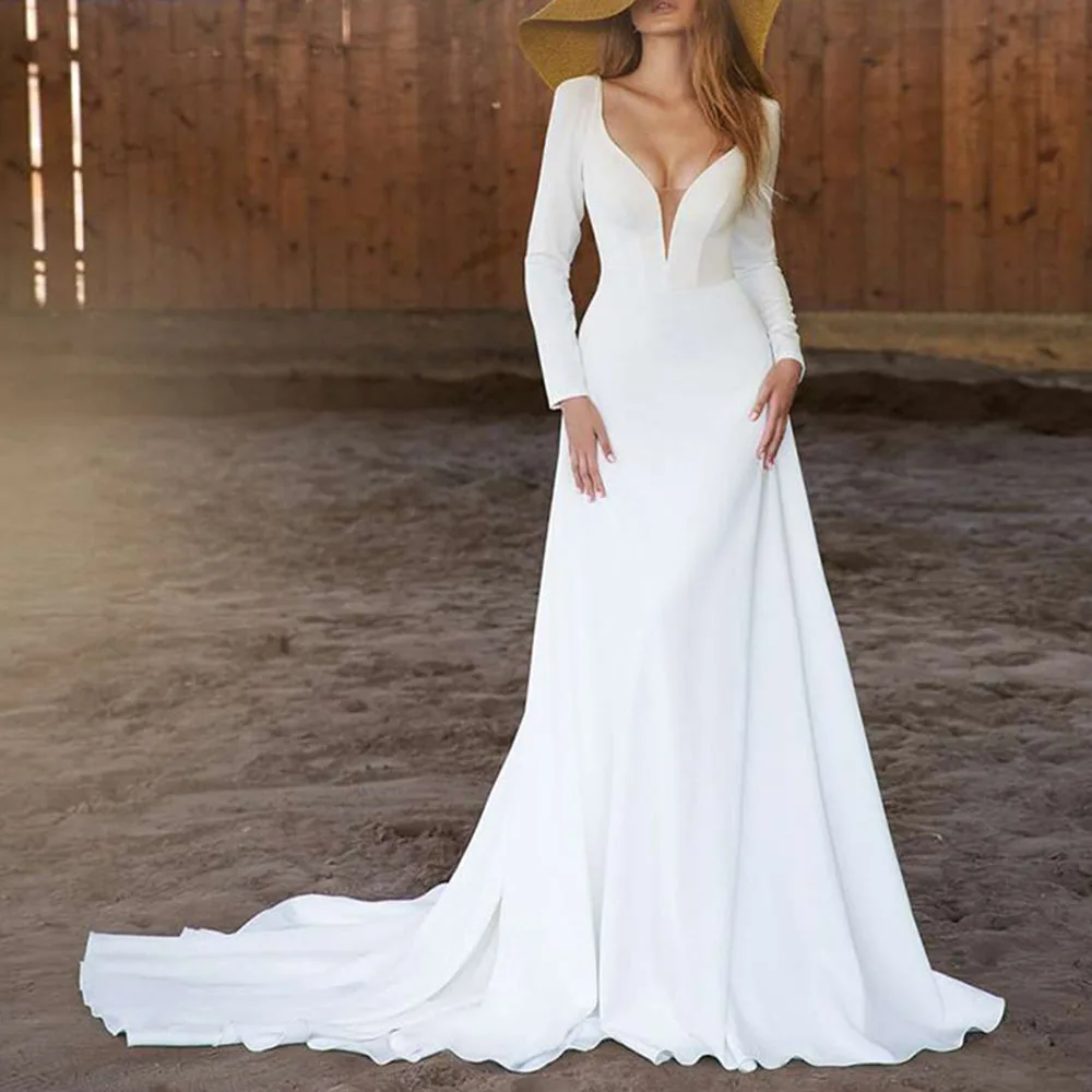 

2021 Summer New Fashion Evening Dress Western Style Women's Temperament Backless Sexy Low-cut Deep V-neck Long Sleeve