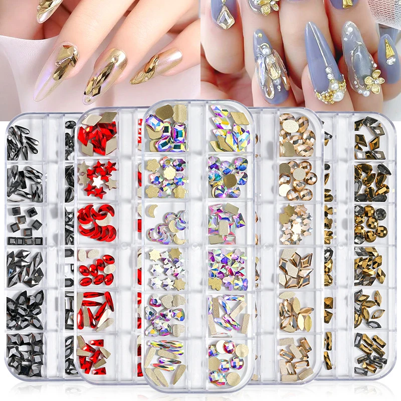 

Nail Art Accessories Diamond Ornaments 12 Grid Boxed Flat Shaped Diamonds Colored Glass Diamonds Nail Rhinestones And Decoration
