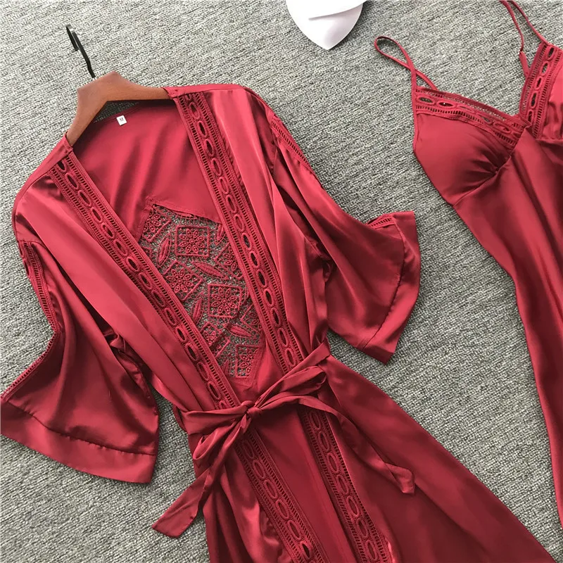 

Summer New Sexy Camisole Pajamas Woman Robe Set Ice Silk Long Sleeve Pajamas 2 Pcs Hollow Fashion Sleepwear
