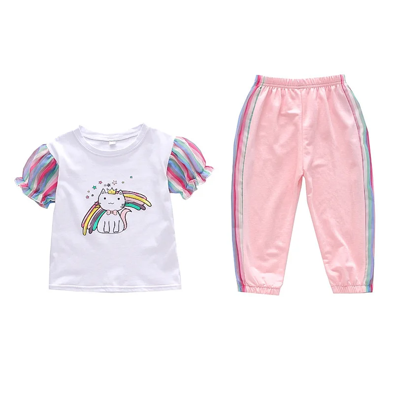 

Комплект летней одежды для маленьких девочек, футболка с милой радугой + штаны, 2 шт., повседневный костюм