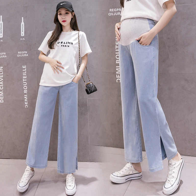 Spring Light Blue Denim Maternity Full Long Jeans Wide Leg Loose Pants For Pregnant Women Casual Pregnancy Belly Trousers