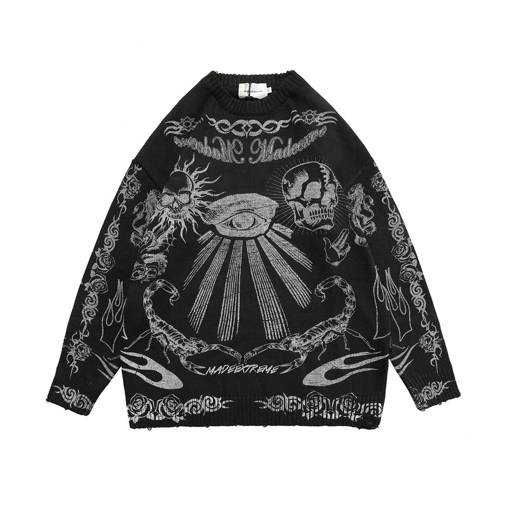 Skulls Print Oversized Sweater Frayed Goth Women Men Clothes Y2k Sweaters Knitted Pullovers Streetwear Harajuku Long Sleeve Tops | Мужская