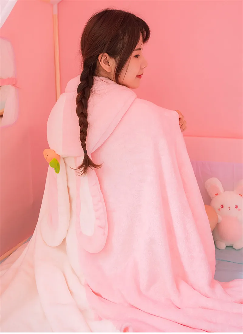 Милый кролик супер мягкий плащ с капюшоном для девочек-подростков Kawaii Медведь с ушками плащ Лолита теплый удобный флис носимых женщин офисное одеяло