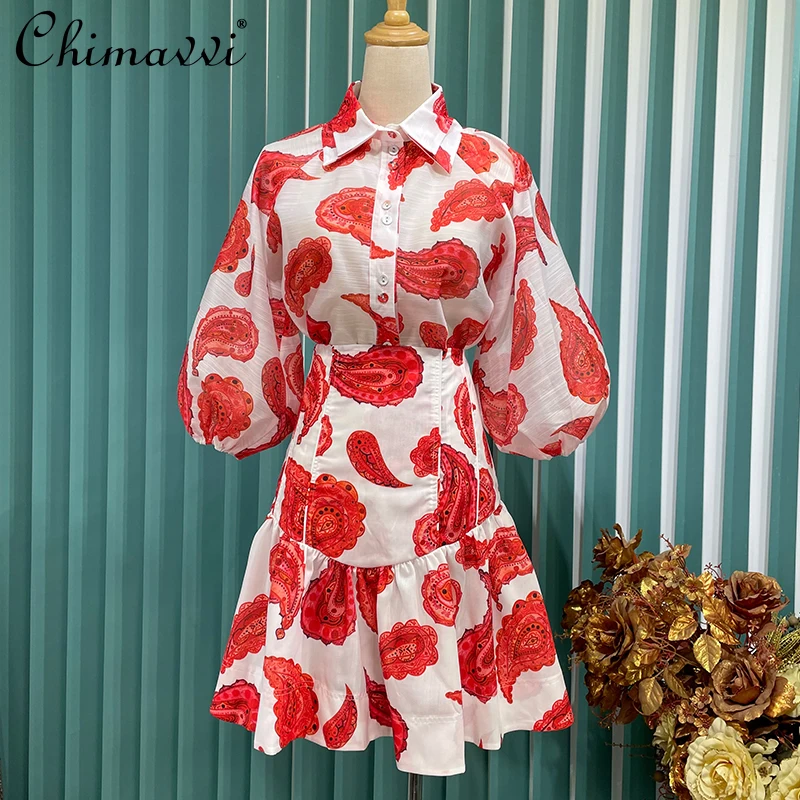 

Summer New Elegant Casual Fashion Turn-downed Collar Three Quarter Sleeve Top Women Printed Skirt 2-Piece Set