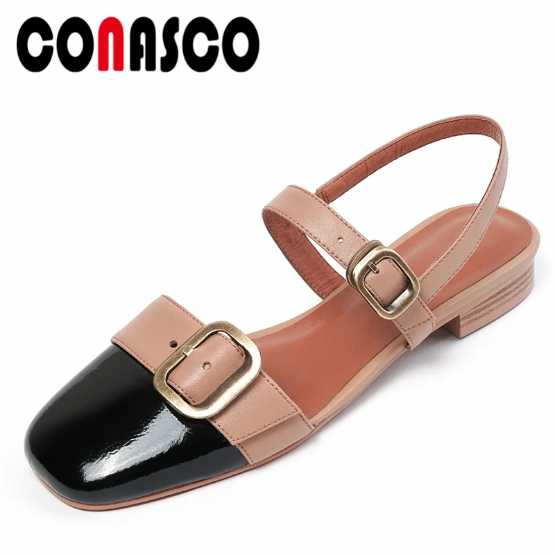 

CONASCO Retro Concise Summer Women Sandals New Metal Buckle Low Heels Genuine Leather Working Casual Shoes Woman Square Toe 2021