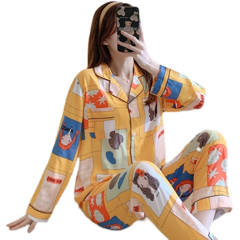

Viscose Staple Fiber Pajamas nv chun Autumn Long Sleeves Thin Cotton Silk Tracksuit Japanese Cute Bourette Suit Can Outerwear