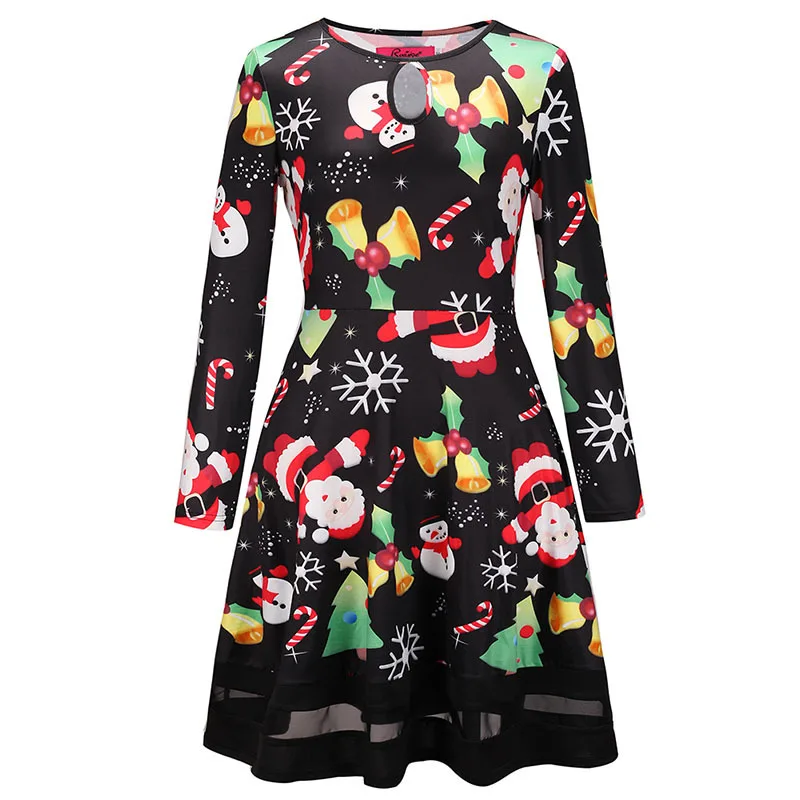 

Women Christmas Dress Retro Print Long Sleeve Skirt 2020 Round Neck Slim Christmas Tree A Line Skirt Fashion Female Dress