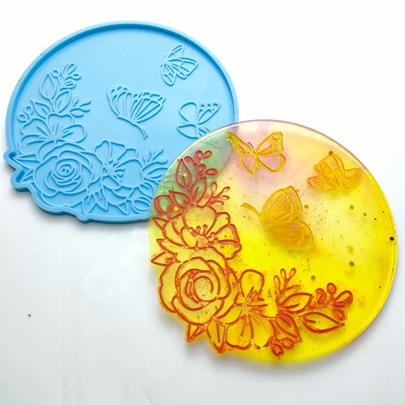 

New Romantic Butterfly Flower Resin Silicone Coaster Mold DIY Chocolate Mousse Dessert Fondant Mould Kitchen Baking Decoration