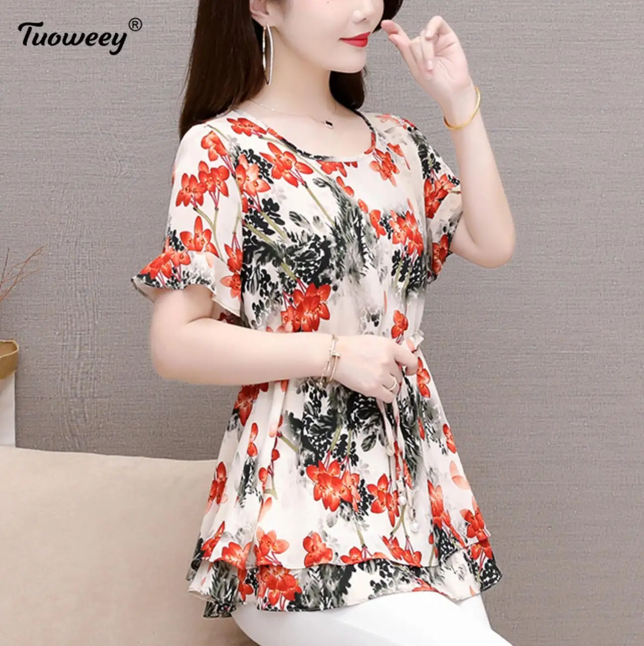 

Blusas Mujer De Moda 2021 летние женские блузки с коротким рукавом размера плюс шифоновые блузки с цветочным принтом женские топы и блузки