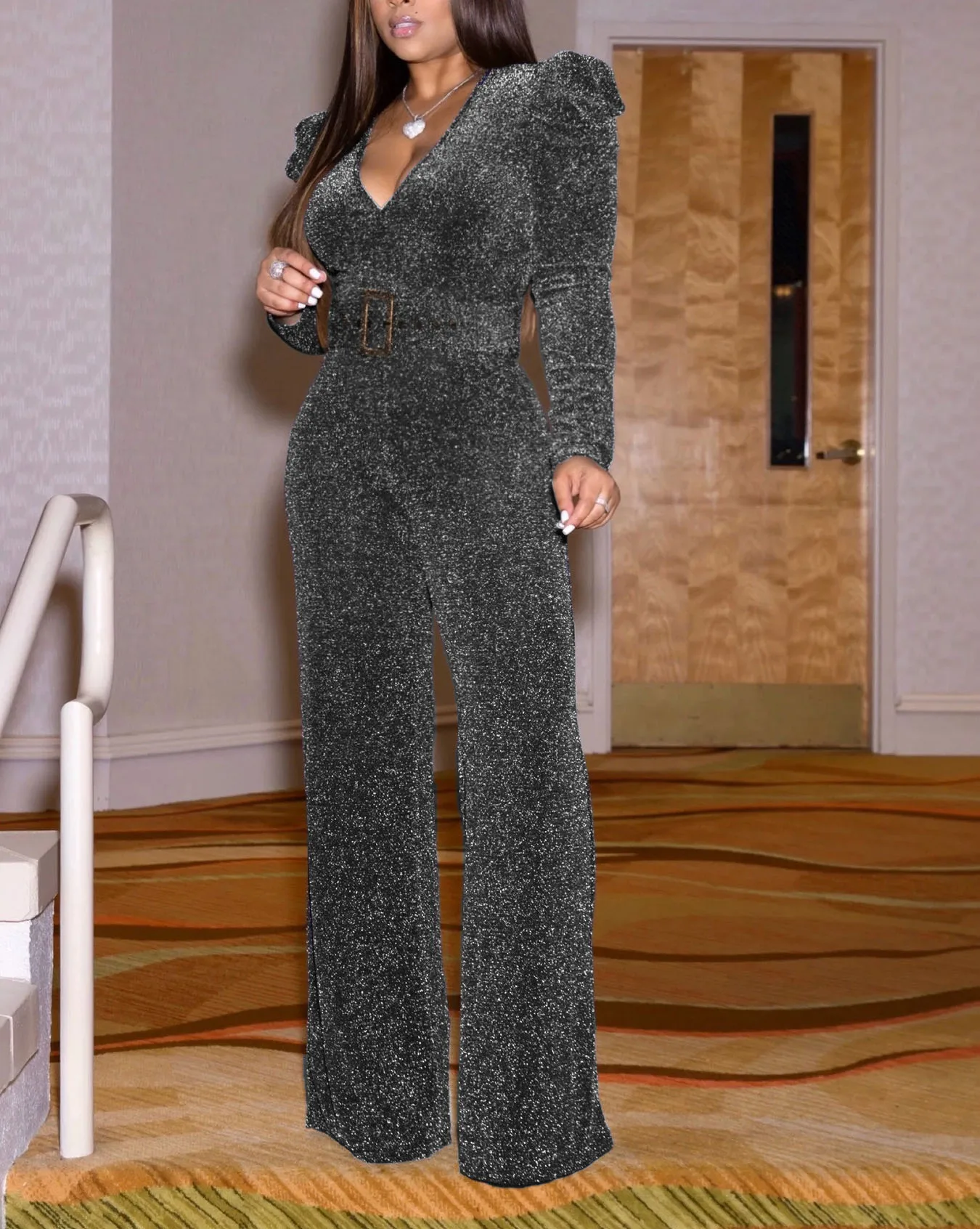 Женский Блестящий комбинезон с поясом длинный однотонный широкими штанинами и