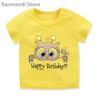 Лидер продаж 2021, футболка с забавным принтом совы, птицы, подарок на день рождения для девочек и мальчиков, желтая футболка, детская одежда, летняя модная футболка