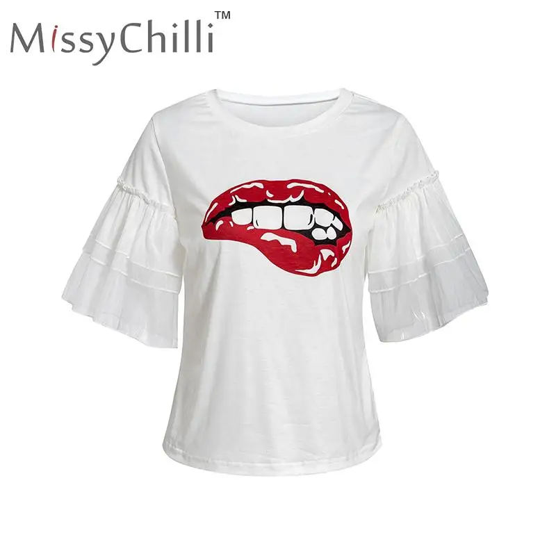 Женская футболка с рюшами MissyChilli Лоскутная офисная принтом губ сетчатые Топы И