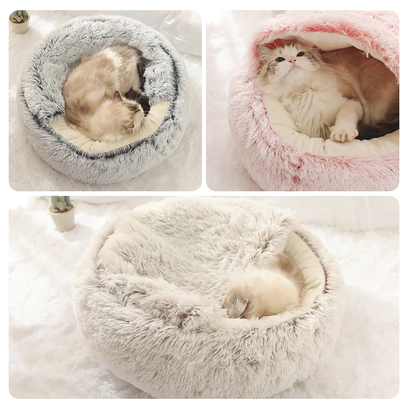 

Winter Long Plush Warm Cat Dog Beds Round Soft Cat Cave House Pet Beds for Small Dogs Cats Puppy Pet Nest 2 In 1 Products Petbed