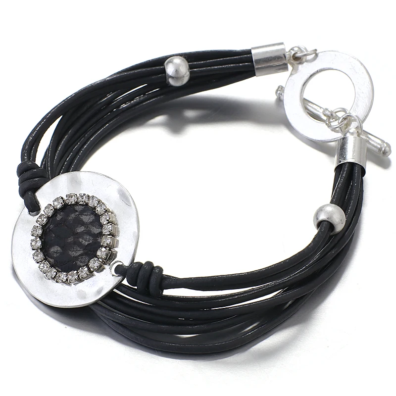 Женские кожаные браслеты ALLYES многослойные черные со стразами и змеиным узором