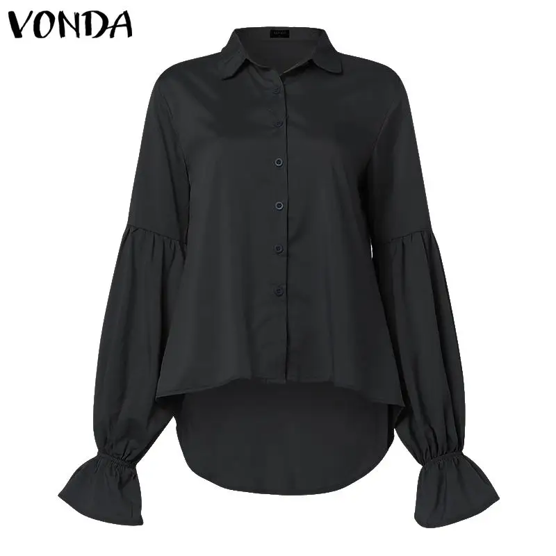 Винтажная Элегантная Повседневная блуза VONDA с v-образным вырезом, женские вечерние блузы, топы 5XL, лето-осень, рубашки с рукавом-фонариком, Пляжная туника - Цвет: Black
