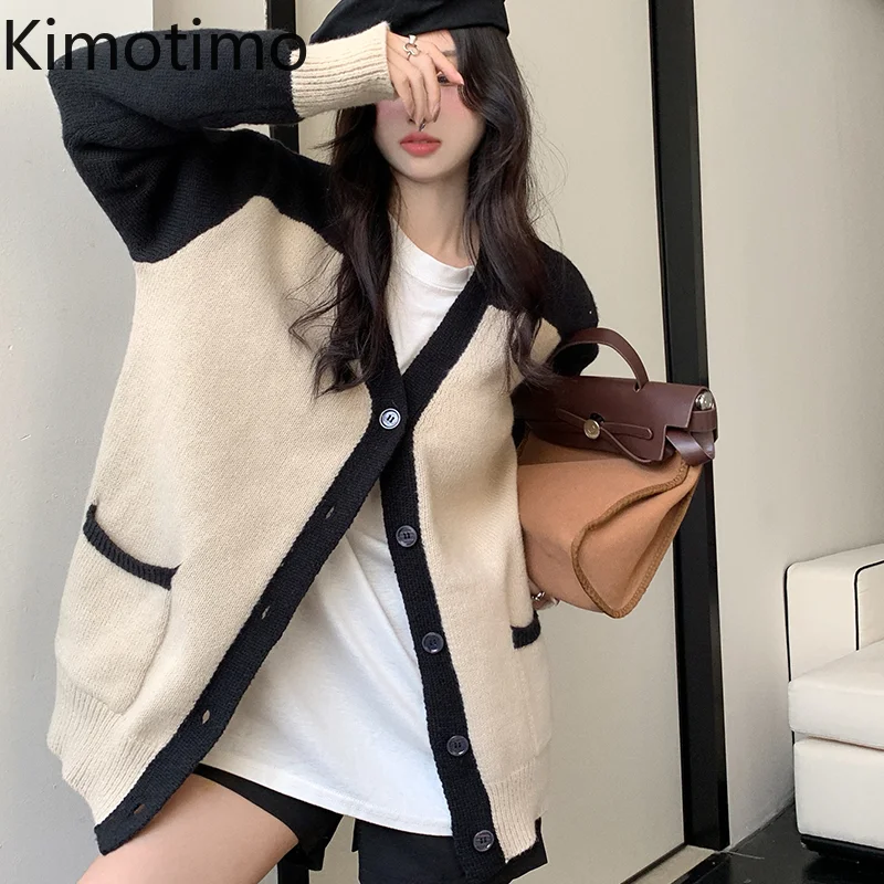 

Женский вязаный кардиган Kimotimo с V-образным вырезом, Осень-зима 2021, свитер с длинным рукавом, пальто, корейский стиль, модные свитера контраст...