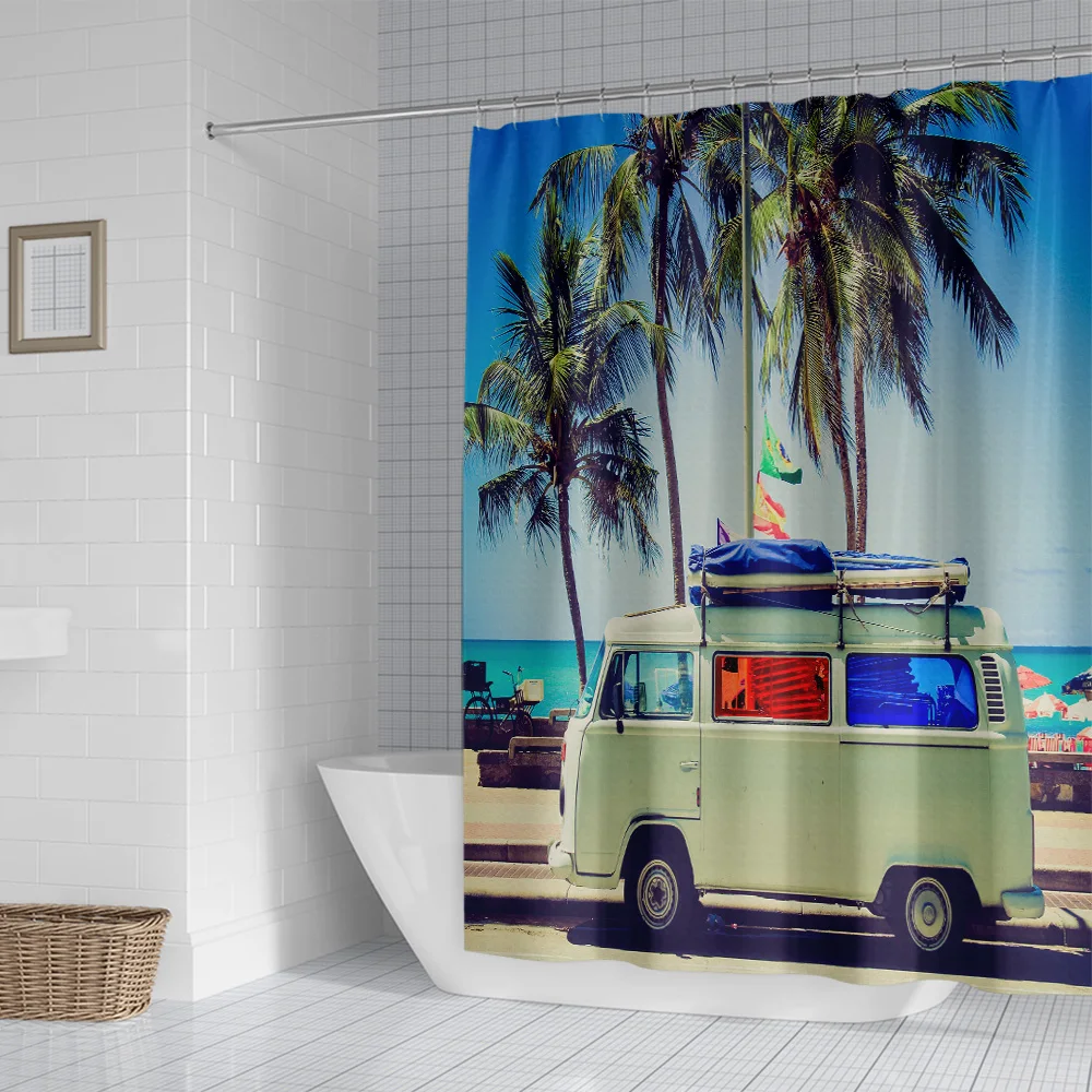 Душевая занавеска с кокосовым автомобилем морской пейзаж кокосовое дерево