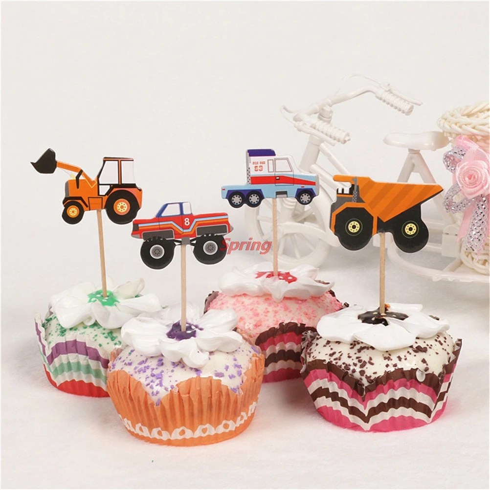 

New Kids Cartoon Car Truck Excavators Cupcake Toppers Pick Child Boy Birtay Party Wedding Cake Flag Decoration Supplies Gift