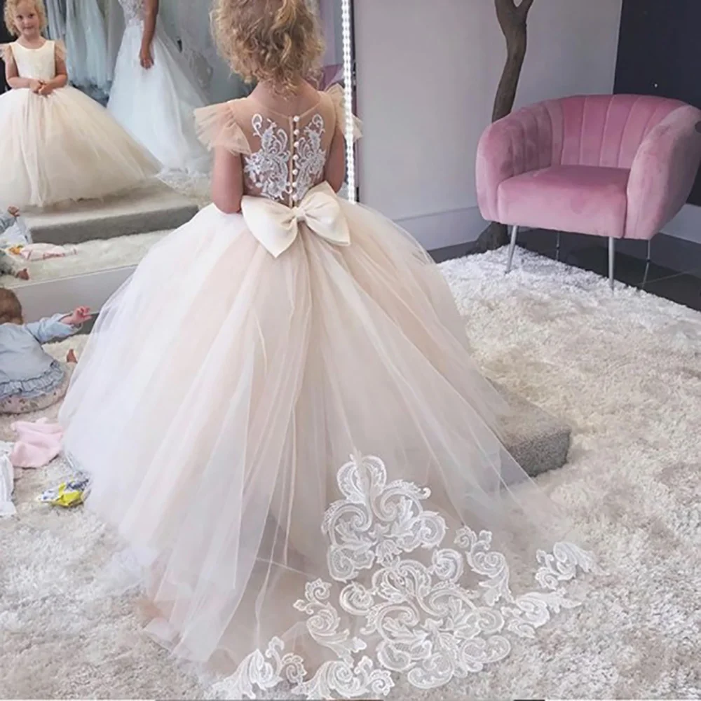 

Tulle Lace Flower Girl Dresses With Bow Baby Girls Birthday Wedding Party Dress Puffy Cap Sleeve Princess Ball Gown For Kids