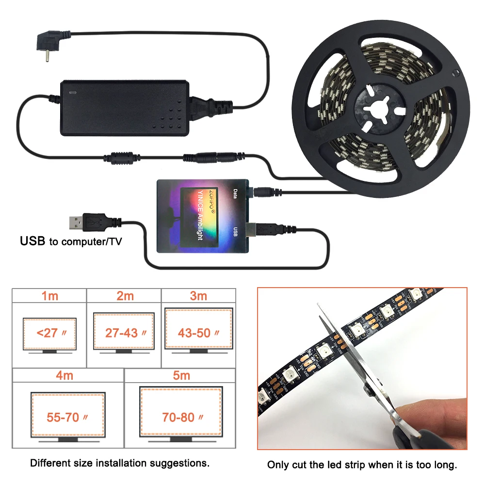 DIY Ambilight HD tv, настольный ПК, экран мечты, USB Светодиодная лента, набор HD ТВ, компьютерный монитор, подсветка WS2812B, Светодиодная лента, 1 м, 2 м, 3M, 4M, 5 м