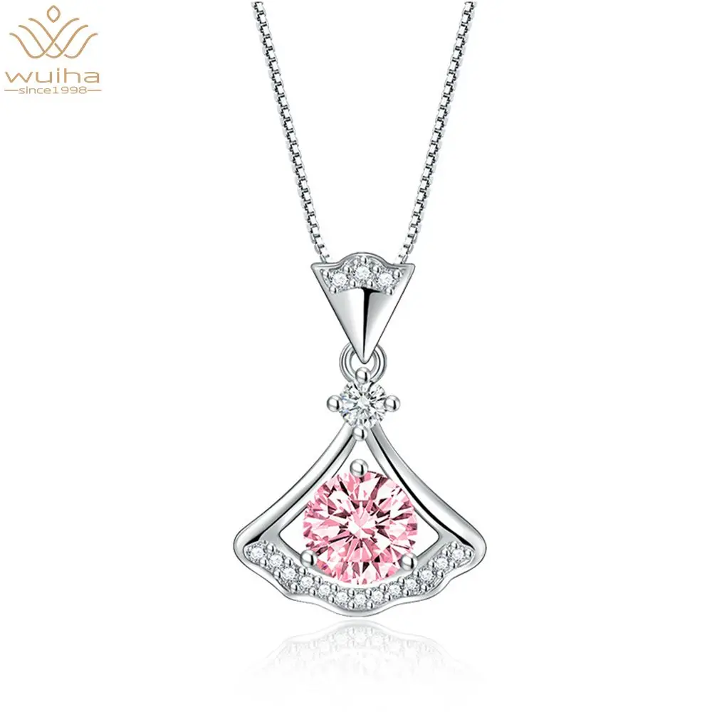 

WUIHA Luxury 100% 925 Sterling Silver Emerald Citrine Pink High Carbon Diamond Sector Pendant Necklaces Lady Trendy Fine Jewelry