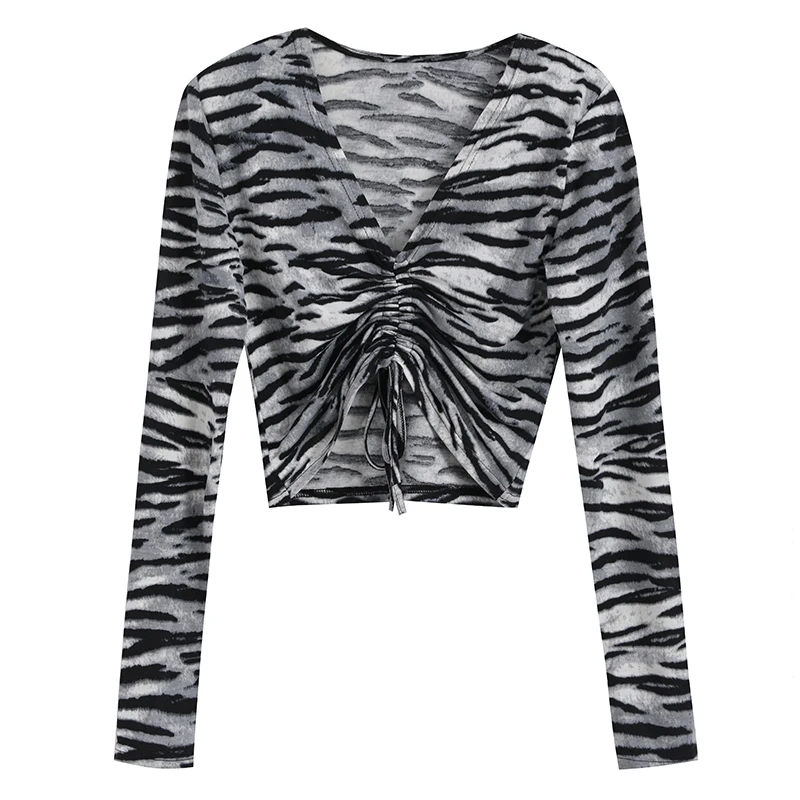 

kywommnz Zebra Printing T-shirt Women Long Sleeve Tight Sexy Fashion Drawstring Straps TShirt V-neck Short Top E1703