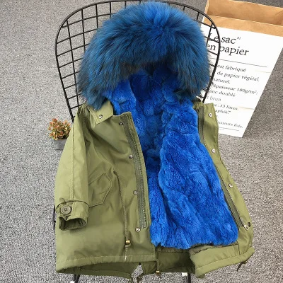 Green Royal Blue Зимнее пальто с мехом для девочек Детская куртка с натуральным кроличьим мехом теплые парки куртка с натуральным мехом енота для мальчиков и девочек Размер 110-170, TZ204 - Цвет: Green Royal Blue