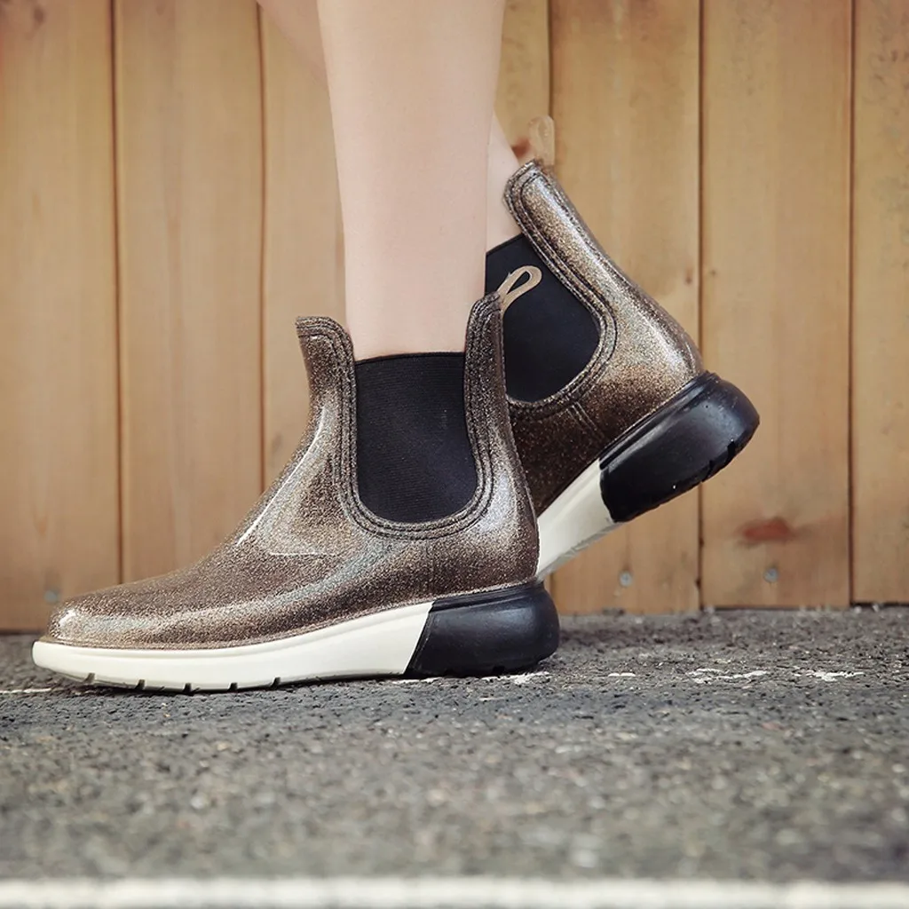 

Waterproof Ankle Boots Rainy Season Boots Flash Powder Women Boots Work Shoes Pointed Women Shoes Stretch Cloth Female