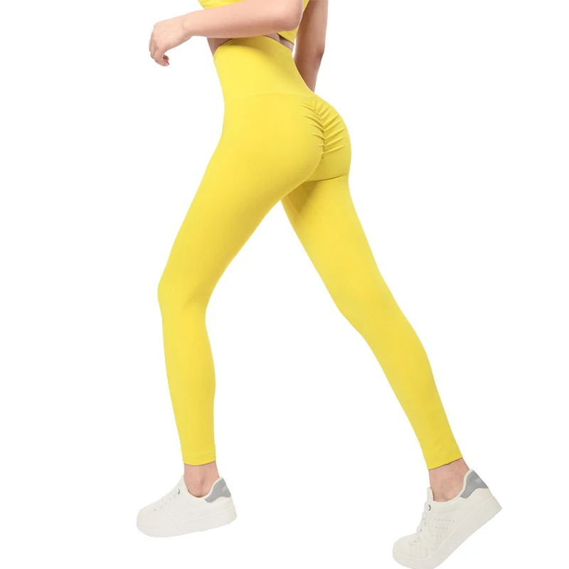 

2021 New Comfortable Non-Awkward Leggings Fitness Pants Sweat-Absorbent Folds Peach Hip High Waist Nude Yoga Pants Women