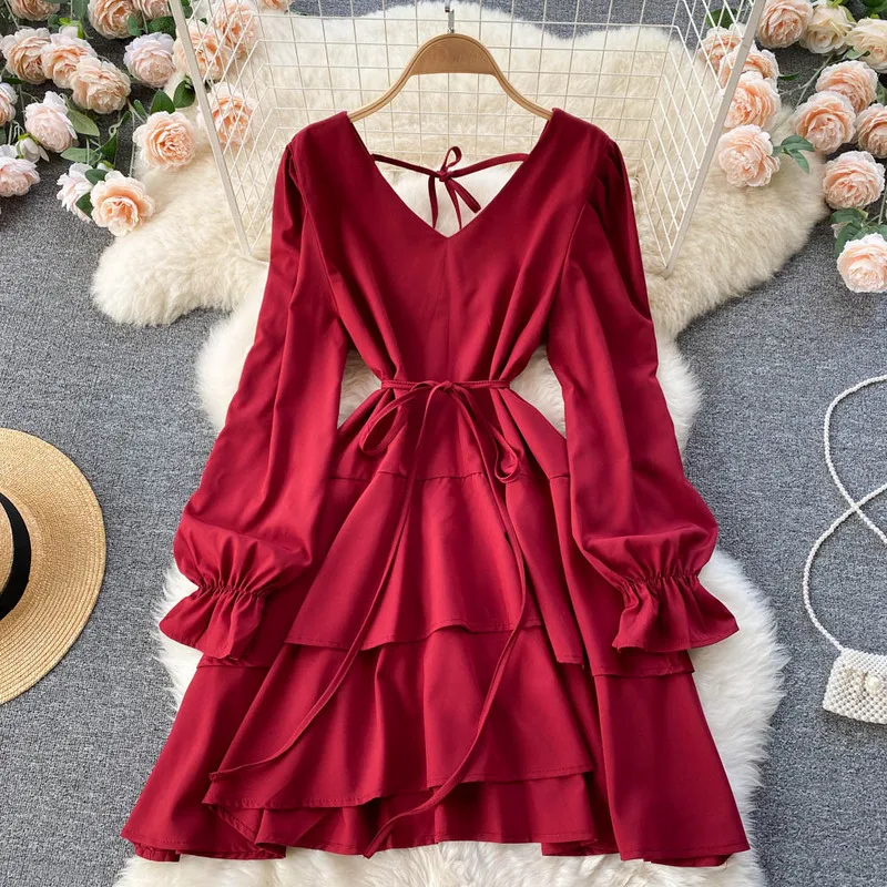 

Black Red A-Line Ruffle Vintage Dress Women's Bow Tie Puff Long Sleeve Sexy Mini Casual Party Dress Daily Ladies Clothes New