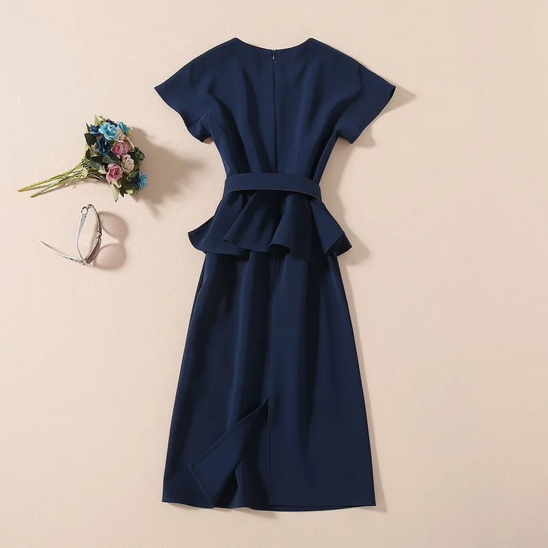 

Dress Elegant Work 2021 Summer Business Women O-Neck Belt Patchwork Short Sleeve Midi Dark Blue Pencil Dress Peplum Vestidos