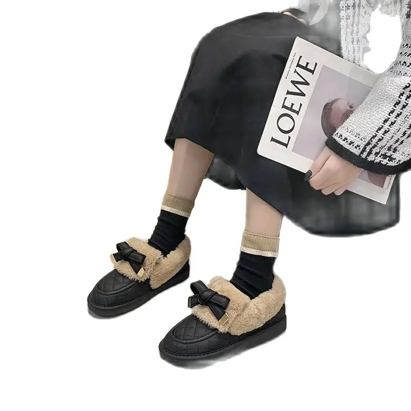 

Новинка 2021, осенне-зимние модные взрывоопасные повседневные туфли с закрытым носком и бантом, Короткие удобные плюшевые женские повседневн...