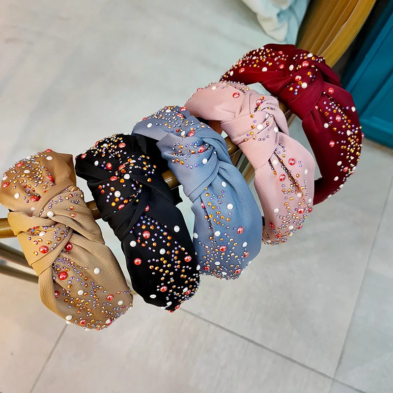 

Women Colourful Rhinestone Pearl Headbands Ladies Fashion Handmade Wide Twist Knot Hairbands For Girls Hair Hoop Accessories