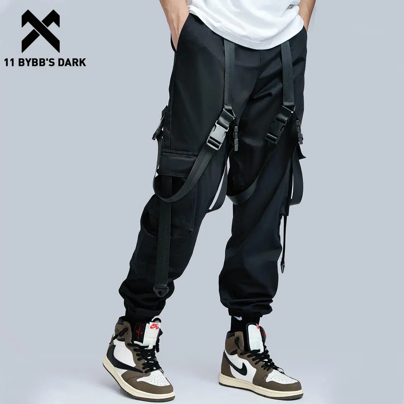 

11 BYBB'S DARK Black Buckle Ribbons Cargo Pants Techwear Men Tactical Function Joggers Hip Hop Casual Trousers Pants Streetwear