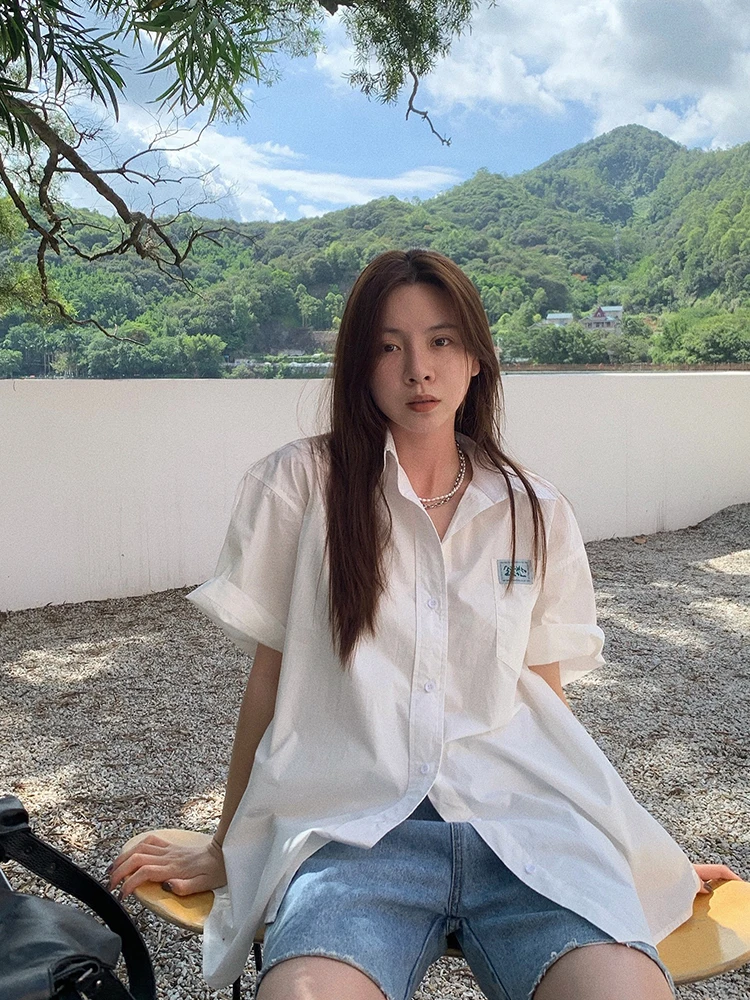 

Женские блузки и рубашки, хлопковая белая рубашка с коротким рукавом, женская тонкая свободная летняя ветровка с коротким рукавом для отдых...