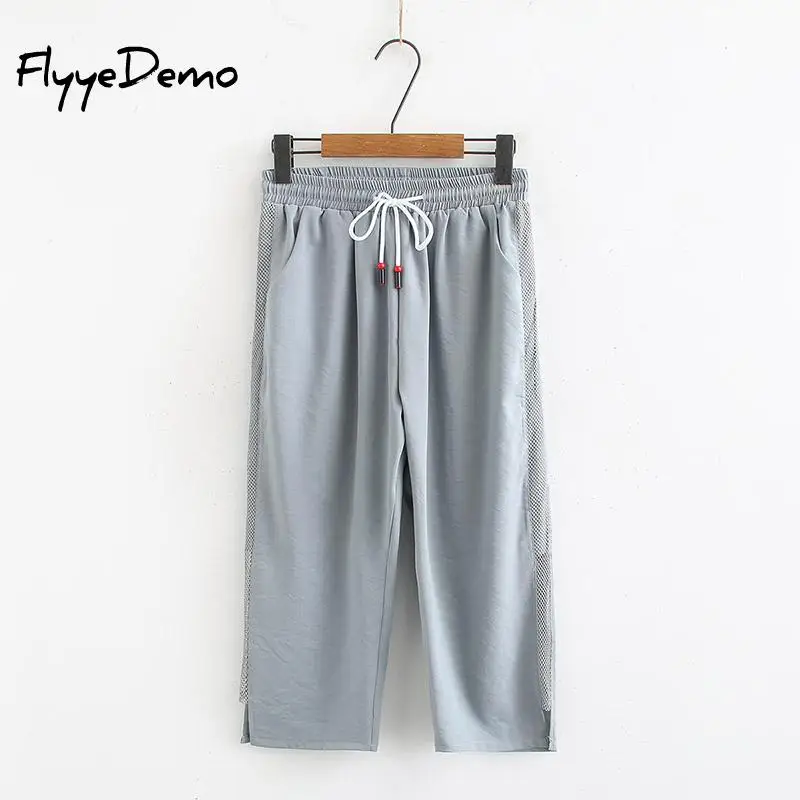 

Side Hollow Slacks Women's Loose Summer Pants Soft Calf-Length Pink Blue Wide Leg Pants Women High Waisted Trousers Plus Size
