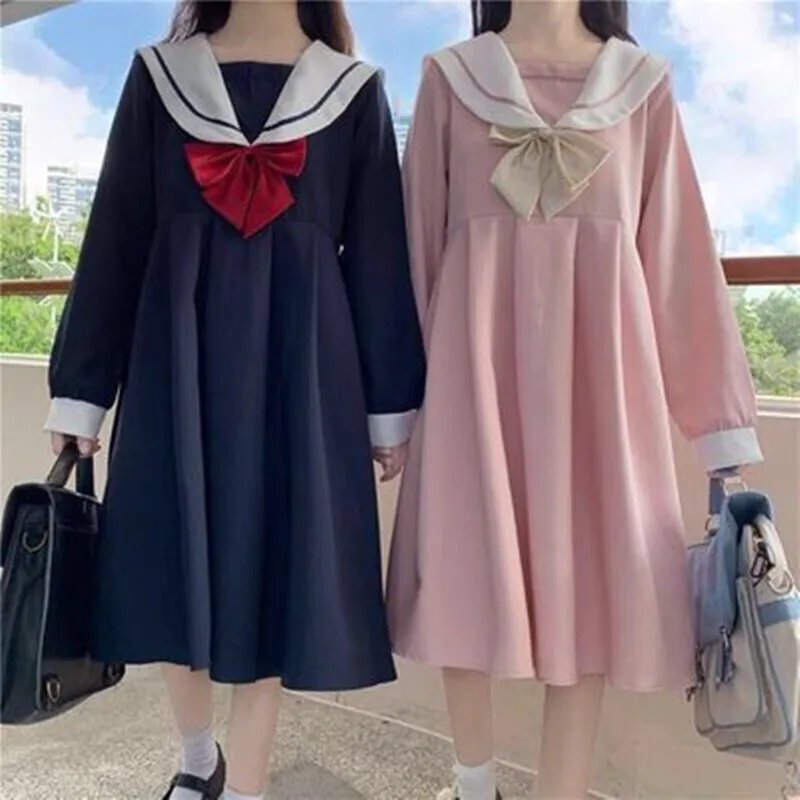 

A-line Dress Women Sweet Kawaii Japanese Style College Autumn New Sailor Collar Patchwork Bow Fashion Leisure Loose Popular Chic