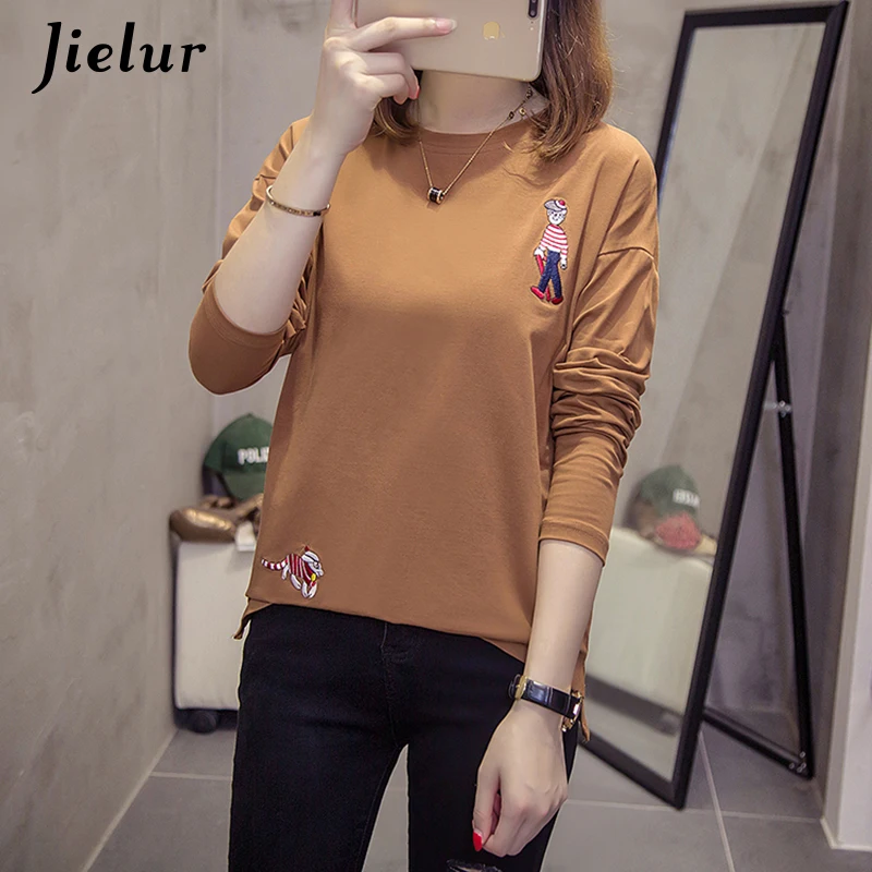 Jielur осень мультфильм вышивка футболка с длинным рукавом для женщин Белый Черный