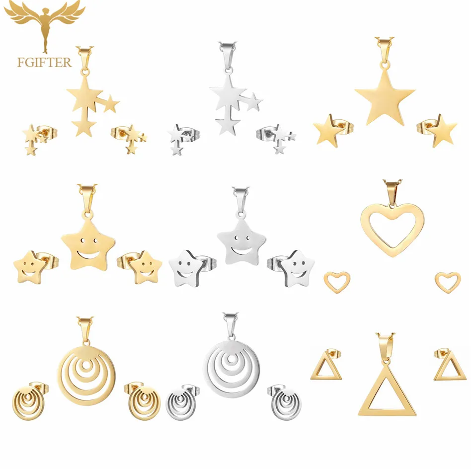 

Geometric Jewelry Sets Women Stainless Steel Star Heart Round Anchor Pendant Necklaces Stud Earrings Girls Childs Accessory