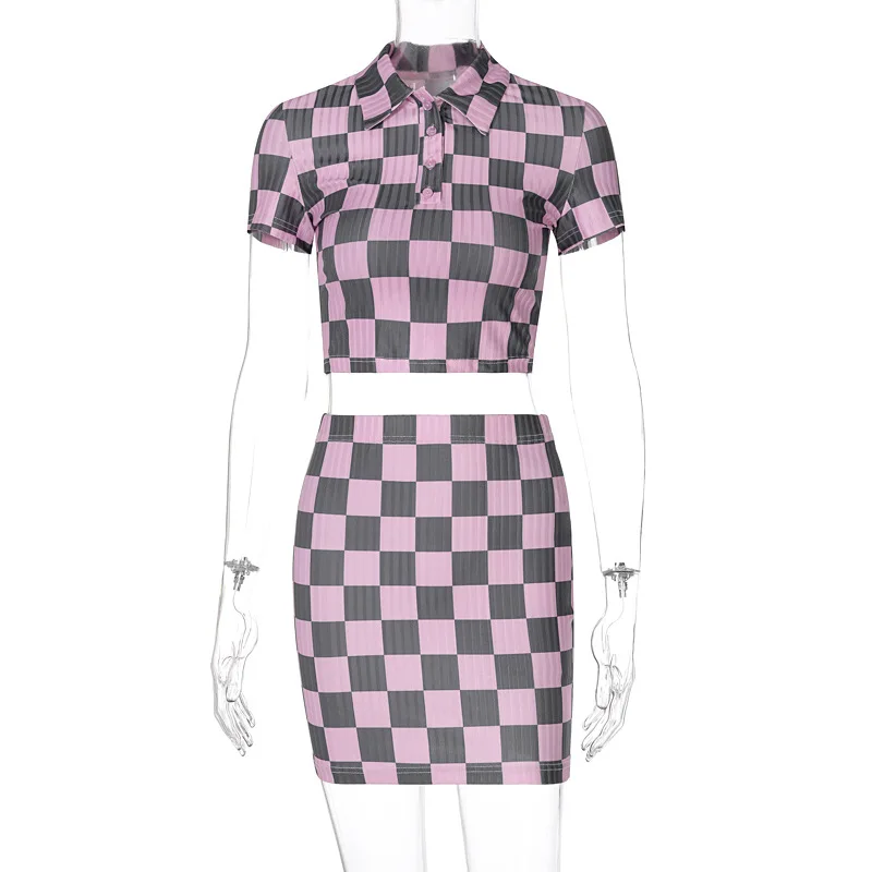 

Pink Plaid Print Skirt Suit Polo Neck Short Sleeve Pullover T Shirt Women Summer 2021 Sxey Slim Fashion Clothes England Style