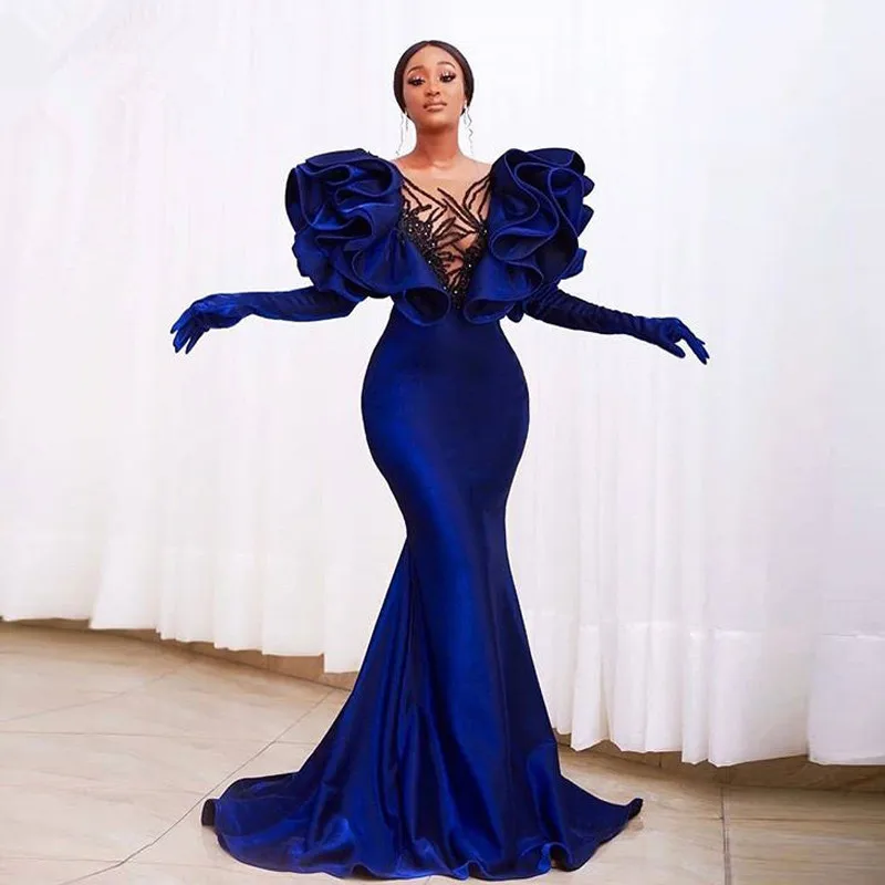

Luxury Royal Blue Mermaid Prom Dresses Sexy Illusion Ruffled Long Arabic Evening Dress Long Sleeves Gloves Dubai Formal Gowns