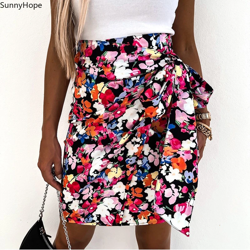 

Women's Casual A-Line Mini Skirt Summer Spring Floral Print Leopard Bow Bodycon Wrap Skirts High Waist Elegant Lady Faldas 2021