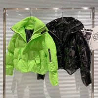 online celebrity 2021 zipper sleeve color glossy patent leather stand collar cotton padded jacket cotton coat clothes women y2k