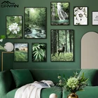 Постер на холсте с зеленым лесом, картина с изображением дикого оленя, водопада, цветка, Листьев, весеннего пейзажа, для гостиной