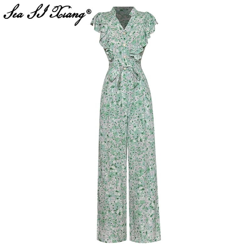 

Seasixiang Fashion Designer Summer Jumpsuit Women V-Neck Butterfly Sleeve Floral Print High Waist Wide Leg Pants