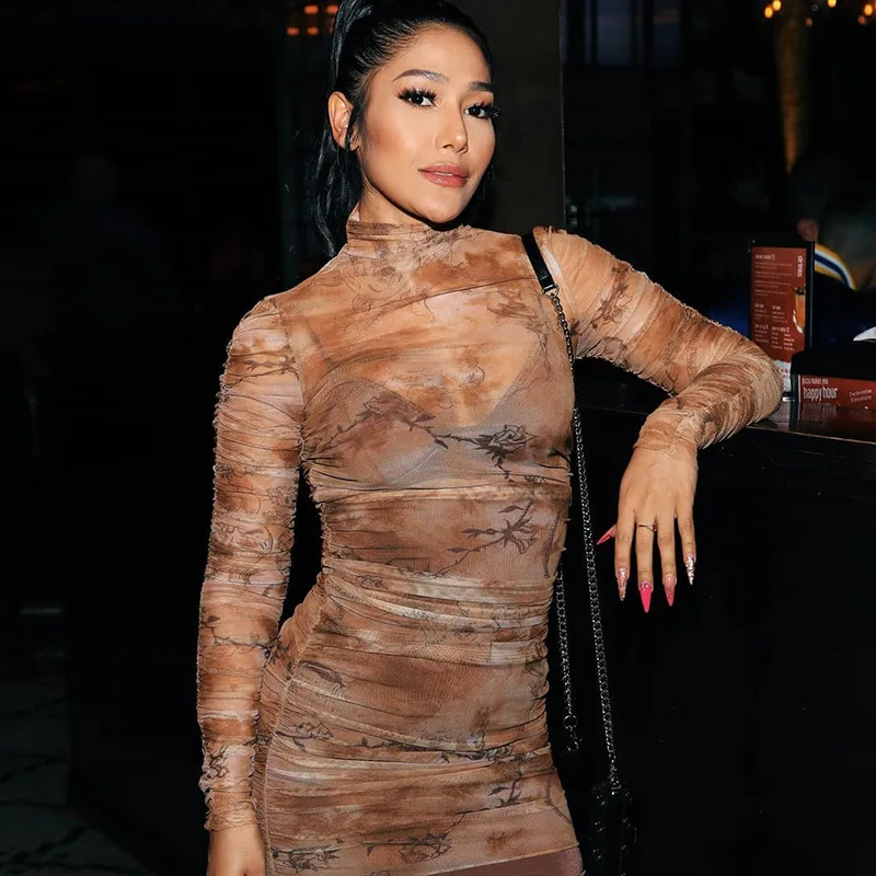 Shestyle сетка со змеиным принтом с длинным рукавом платье для женщин высоким плотно