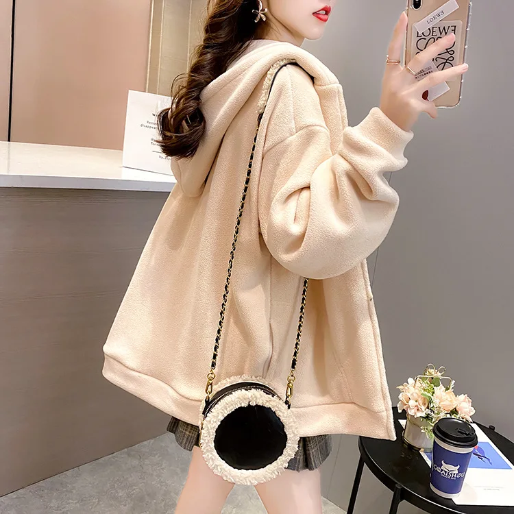

Dames Kleding Winter Plus Velvet Thick Zipper Sweatshirt Tops Korean Style Loose Thicken Female Hooded Long Sleeve Sweatshirts