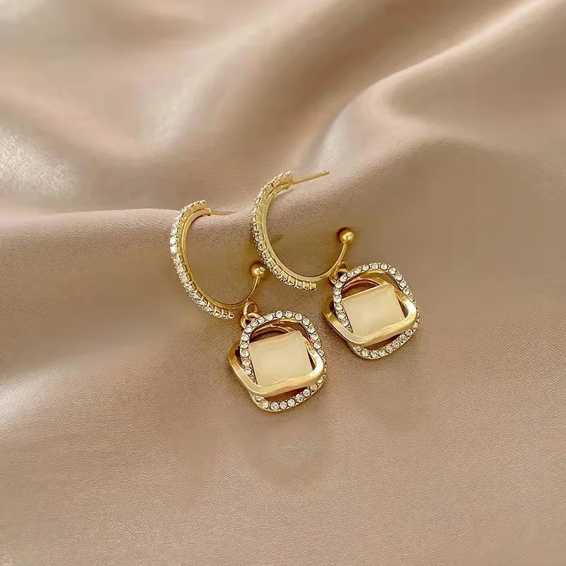 

South Korea-Style High Grade Sense Elegant Geometry Opal Earrings Gift Party Banquet WOMEN'S Jewelry Ornament 2021